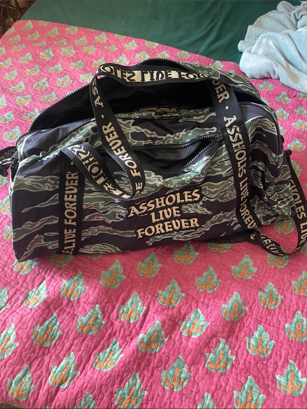 Camouflage Travel Duffle Bag with Statement Text - Green/Black